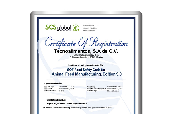 Reconocimiento de la SCS Global para Tecnoalimentos por cumplir con los requerimientos del SQF Food Safety Code para la producción de alimentos animales en Querétaro