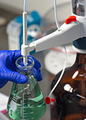 Mano con guantes, sosteniendo matraz con líquido verde, realizado análisis fisicoquímico y de biología molecular en Laboratorio Químico de Tecnoalimentos en Querétaro